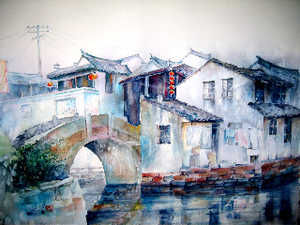 Bly, Sally mistyvillagewc15x22 Misty Village watercolor by Sally Bly