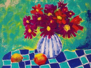 Sharon Hoffman Flowers in Striped Vase, Acrylic, 16x20